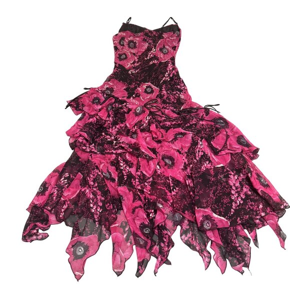 Lexus Women's Pink Black Silk Double Straps Floral Beaded Long Dress Size UK 10 - Picture 8 of 12